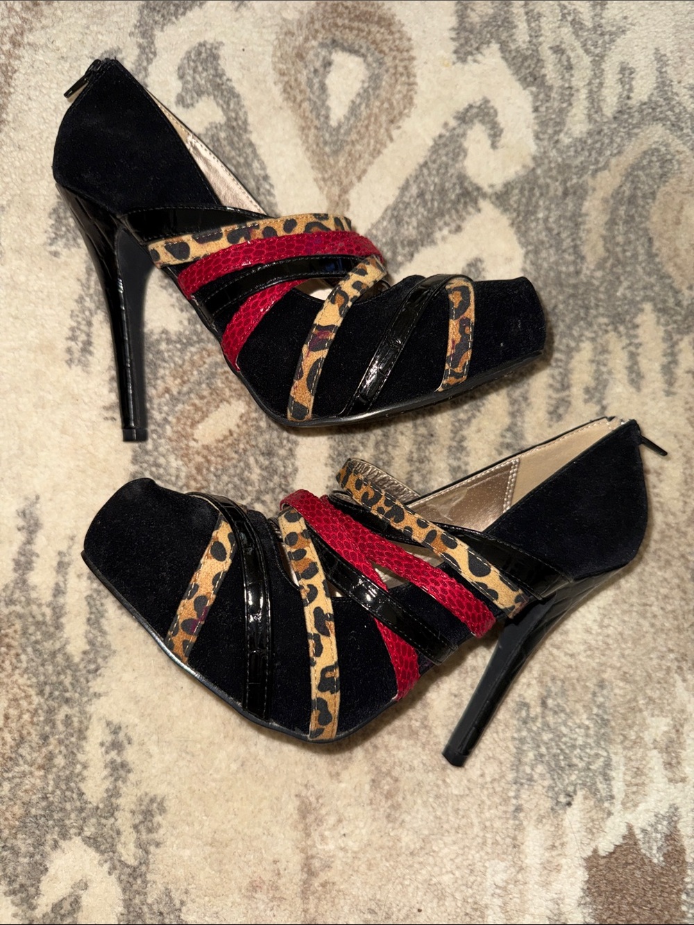 Qupid Black Leopard Print Heels with Red Strappy Accents 7